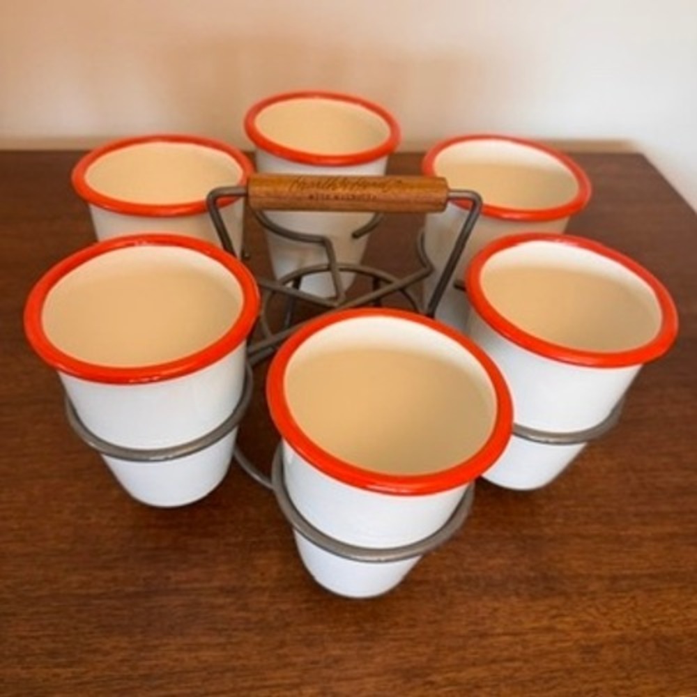 Hearth & Hand Magnolia Enamel Drink Caddy Set White Red Rim 7 Piece Farmhouse